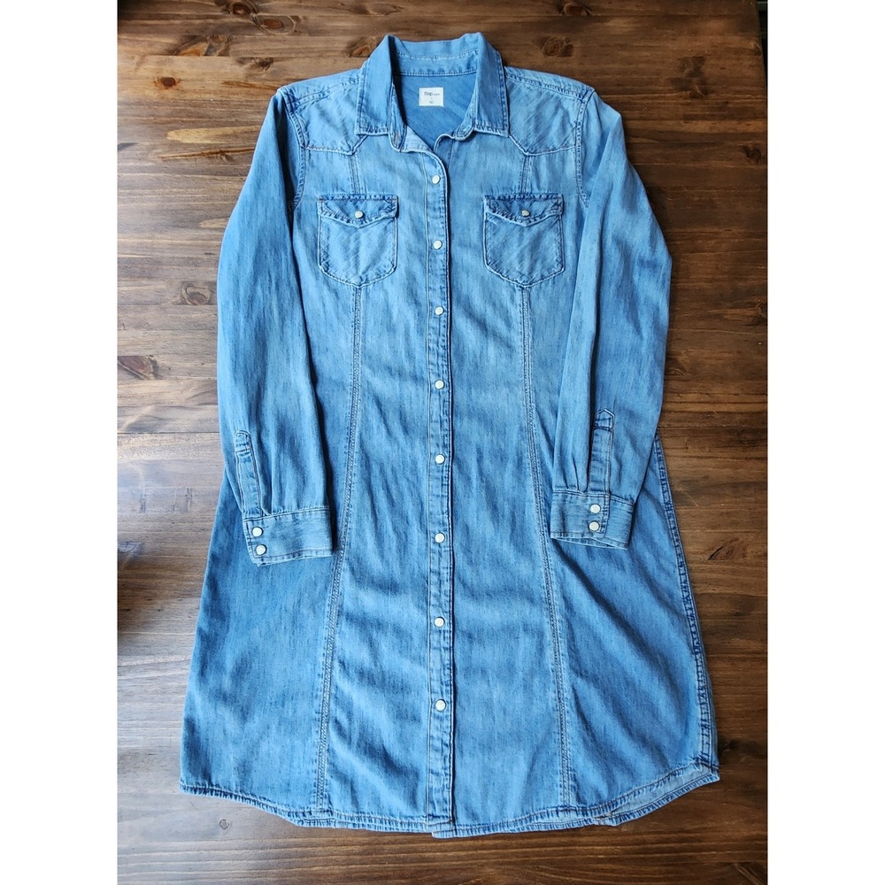 Gap Western Boho Denim Shirtdress Snap-Front Tunic Dress Large Blue